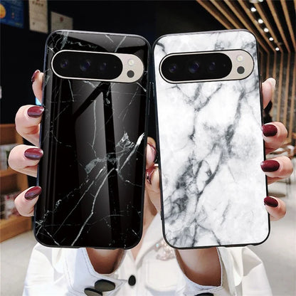 For Google Pixel 9 Pro  /  9 Case Marble Pattern Tempered Glass+PC+TPU Protective Phone Cover