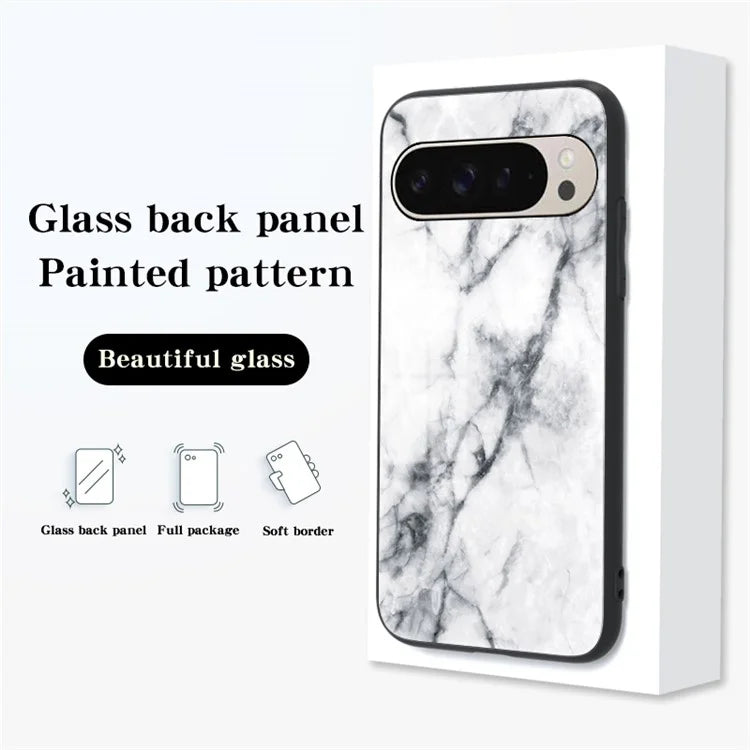 For Google Pixel 9 Pro  /  9 Case Marble Pattern Tempered Glass+PC+TPU Protective Phone Cover