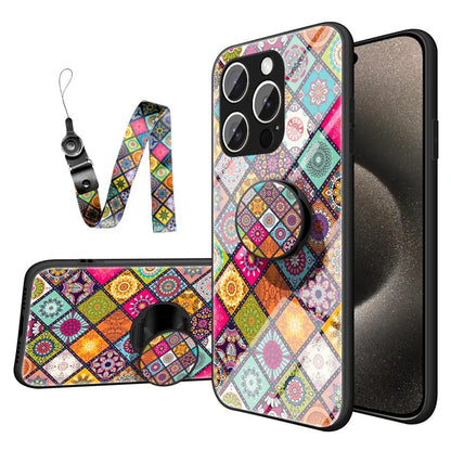 For iPhone 16 Pro Case Kickstand Ethnic Pattern Tempered Glass Phone Cover with Strap