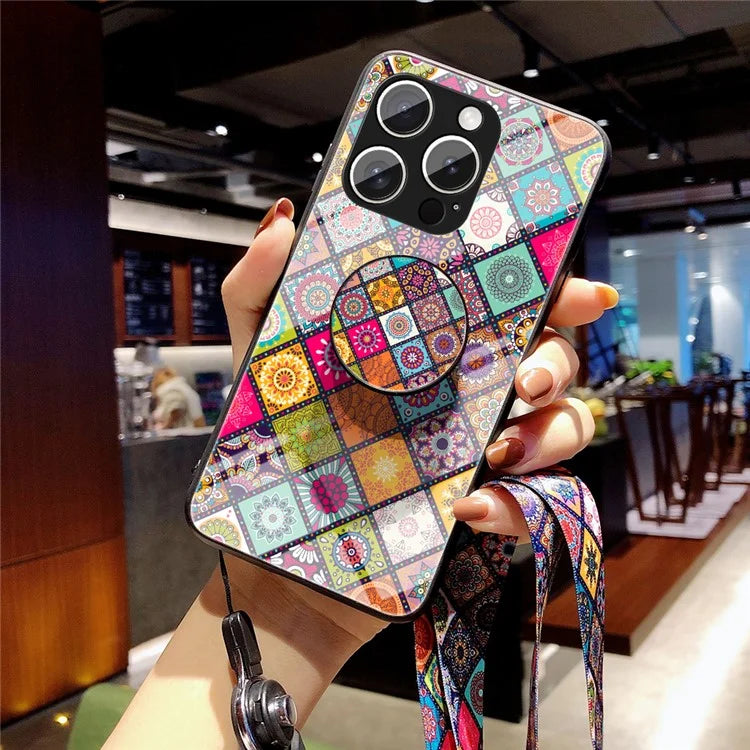 For iPhone 16 Pro Case Kickstand Ethnic Pattern Tempered Glass Phone Cover with Strap
