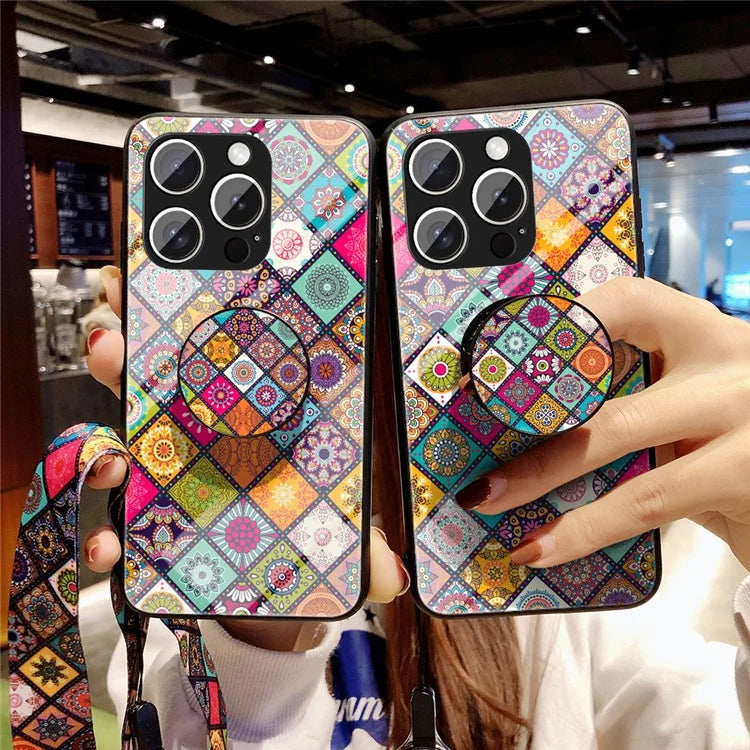 For iPhone 16 Pro Case Kickstand Ethnic Pattern Tempered Glass Phone Cover with Strap