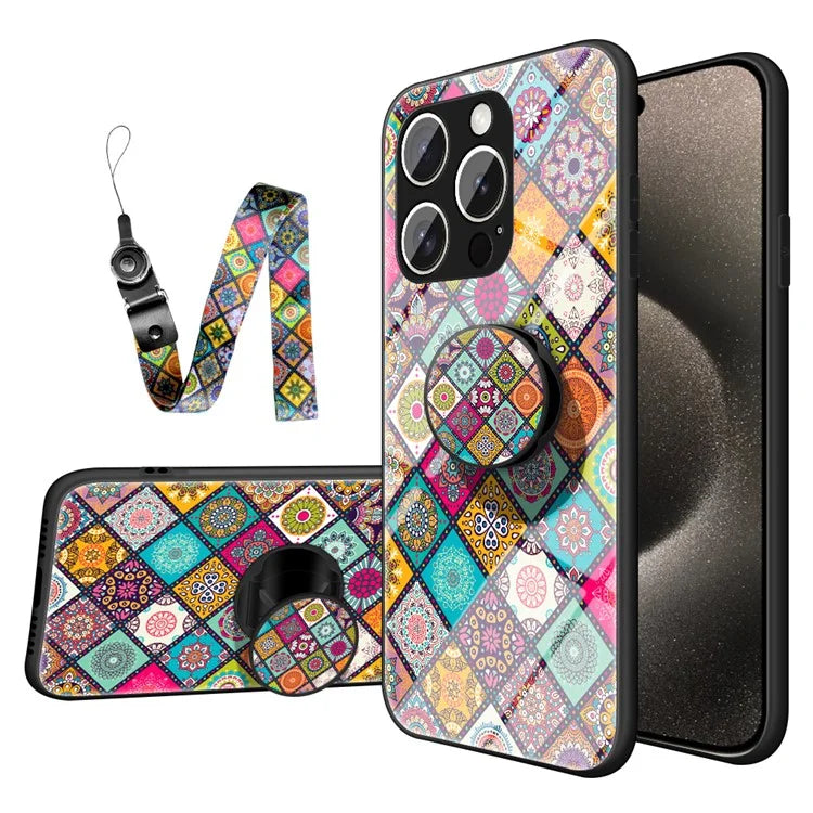 For iPhone 16 Pro Case Kickstand Ethnic Pattern Tempered Glass Phone Cover with Strap