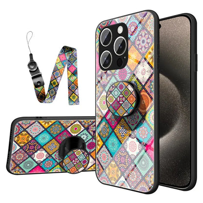 For iPhone 16 Pro Case Kickstand Ethnic Pattern Tempered Glass Phone Cover with Strap