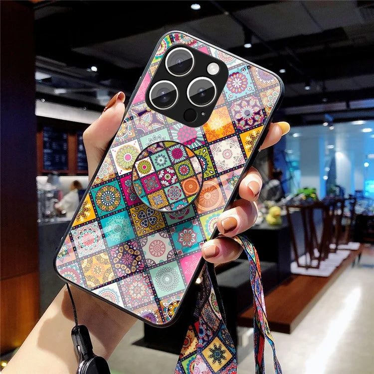 For iPhone 16 Pro Case Kickstand Ethnic Pattern Tempered Glass Phone Cover with Strap