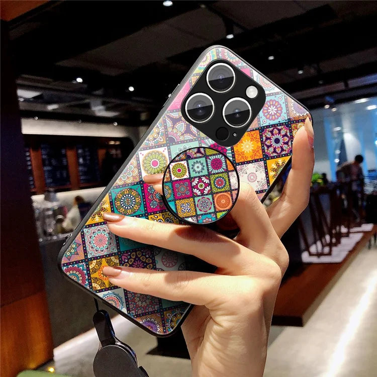 For iPhone 16 Pro Case Kickstand Ethnic Pattern Tempered Glass Phone Cover with Strap