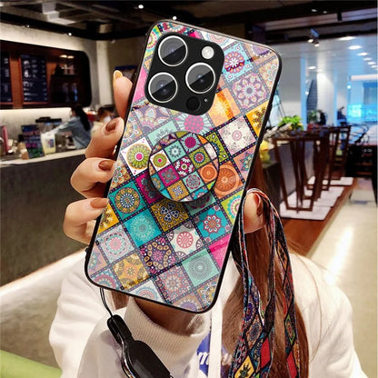 For iPhone 16 Pro Case Kickstand Ethnic Pattern Tempered Glass Phone Cover with Strap