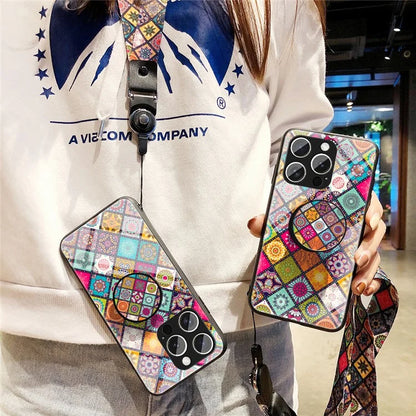 For iPhone 16 Pro Case Kickstand Ethnic Pattern Tempered Glass Phone Cover with Strap