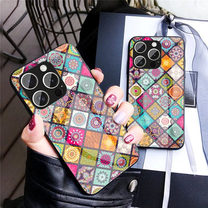 For iPhone 16 Pro Case Kickstand Ethnic Pattern Tempered Glass Phone Cover with Strap
