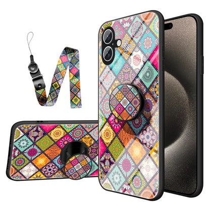 For iPhone 16 Plus Case Kickstand Ethnic Pattern Tempered Glass Phone Cover with Strap