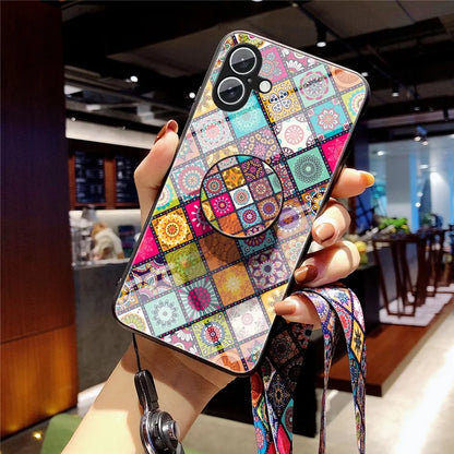 For iPhone 16 Plus Case Kickstand Ethnic Pattern Tempered Glass Phone Cover with Strap
