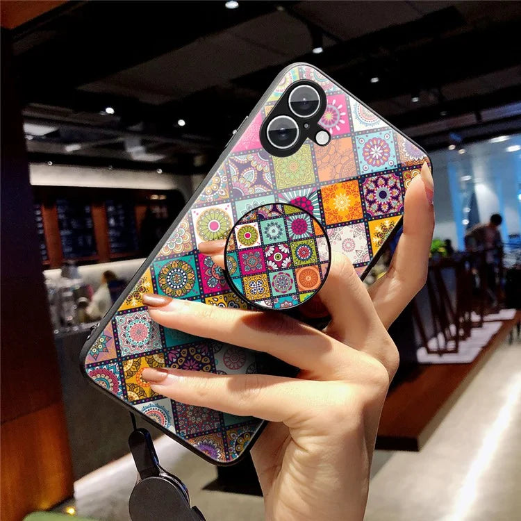 For iPhone 16 Plus Case Kickstand Ethnic Pattern Tempered Glass Phone Cover with Strap