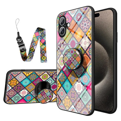 For iPhone 16 Case Kickstand Ethnic Pattern Tempered Glass Phone Cover with Strap