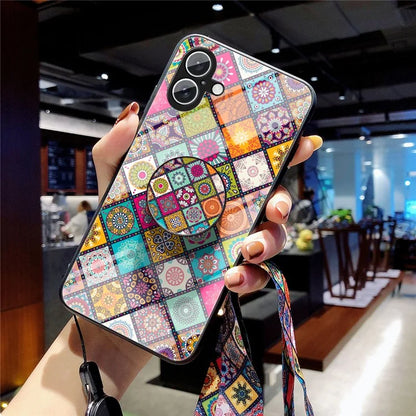 For iPhone 16 Case Kickstand Ethnic Pattern Tempered Glass Phone Cover with Strap