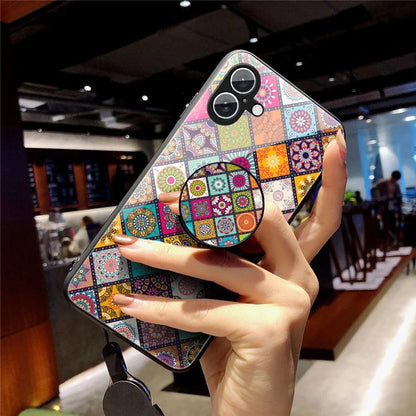 For iPhone 16 Case Kickstand Ethnic Pattern Tempered Glass Phone Cover with Strap
