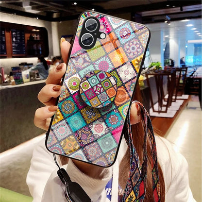 For iPhone 16 Case Kickstand Ethnic Pattern Tempered Glass Phone Cover with Strap