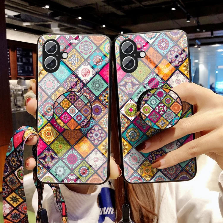 For iPhone 16 Case Kickstand Ethnic Pattern Tempered Glass Phone Cover with Strap
