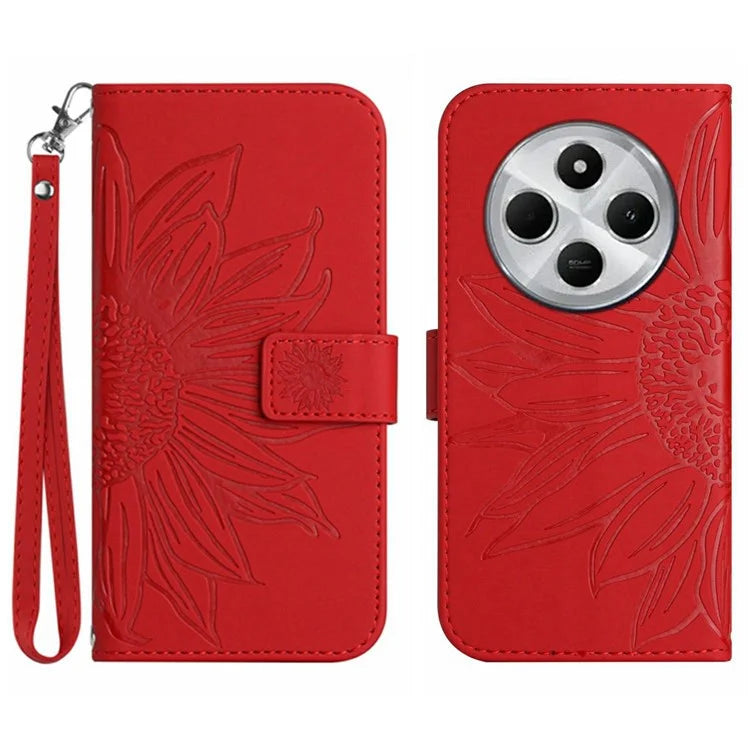 HT04 For Xiaomi Redmi 14C 4G Case Sunflower Imprint Leather Wallet Phone Cover with Wrist Strap