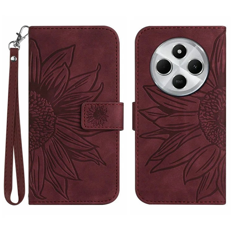 HT04 For Xiaomi Redmi 14C 4G Case Sunflower Imprint Leather Wallet Phone Cover with Wrist Strap