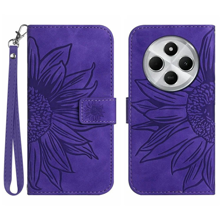 HT04 For Xiaomi Redmi 14C 4G Case Sunflower Imprint Leather Wallet Phone Cover with Wrist Strap