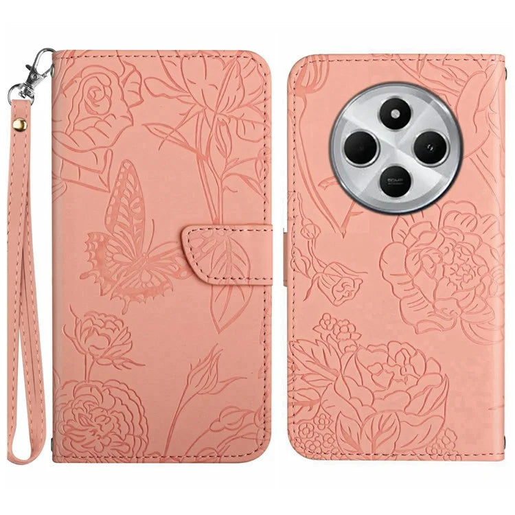 HT03 For Xiaomi Redmi 14C 4G Case Butterfly Flower Imprint Leather Phone Cover with Strap