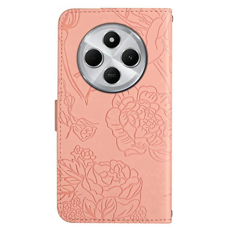 HT03 For Xiaomi Redmi 14C 4G Case Butterfly Flower Imprint Leather Phone Cover with Strap