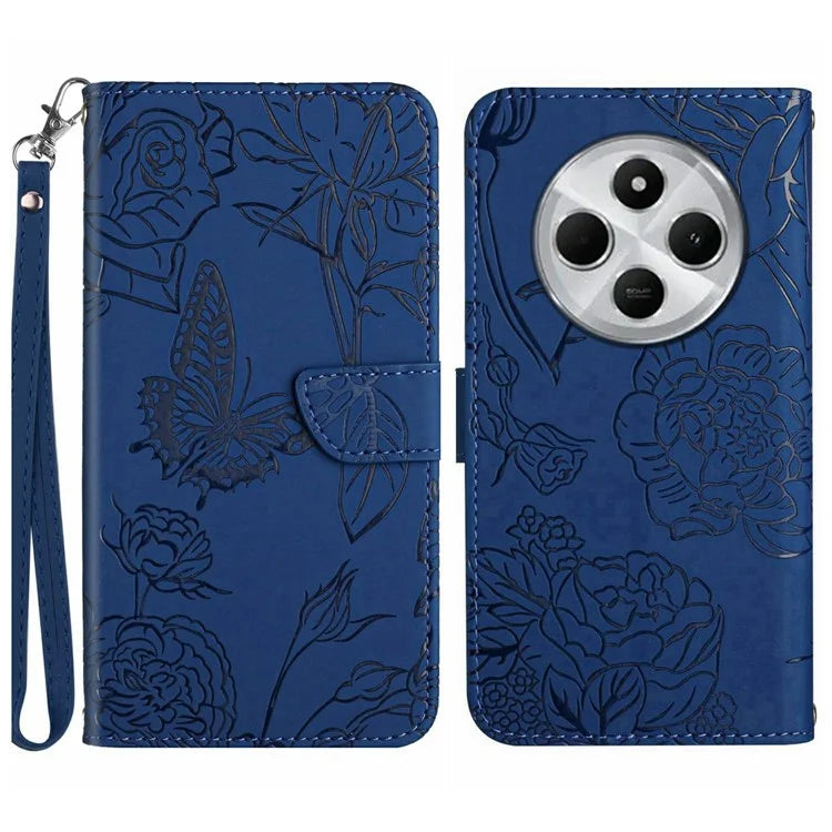 HT03 For Xiaomi Redmi 14C 4G Case Butterfly Flower Imprint Leather Phone Cover with Strap