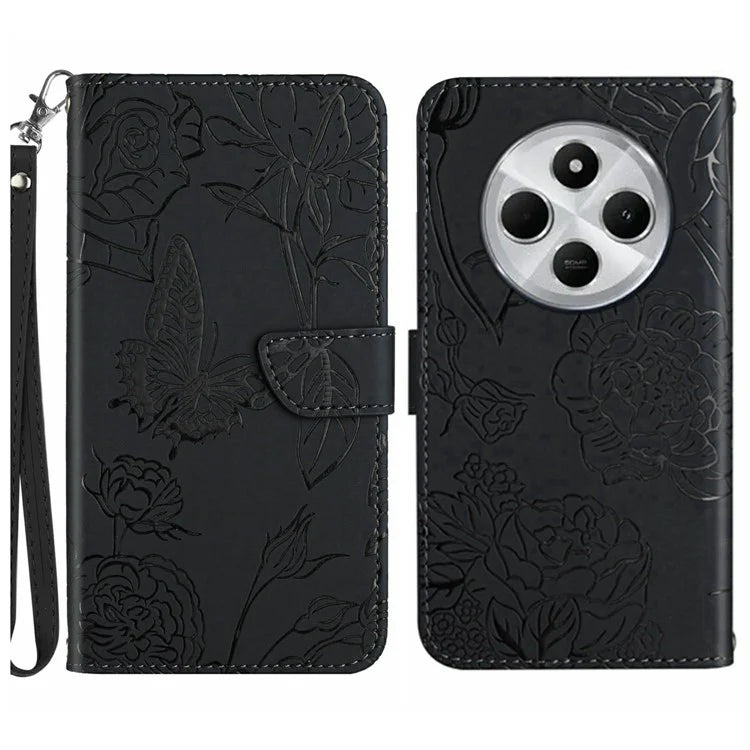 HT03 For Xiaomi Redmi 14C 4G Case Butterfly Flower Imprint Leather Phone Cover with Strap