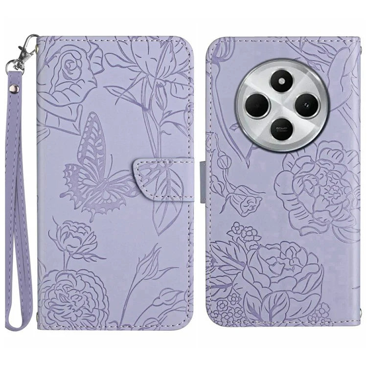 HT03 For Xiaomi Redmi 14C 4G Case Butterfly Flower Imprint Leather Phone Cover with Strap