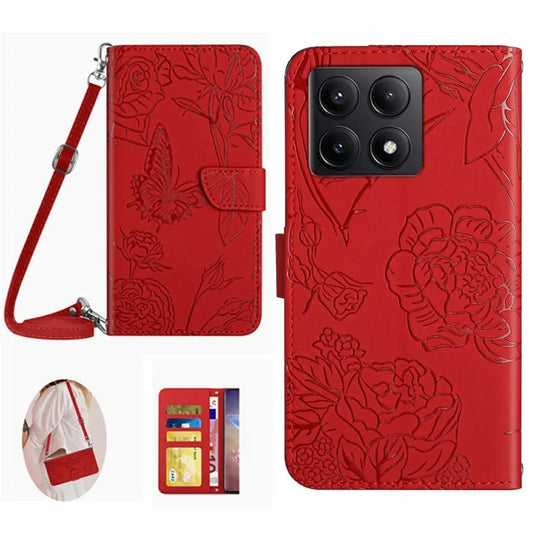 HT03 For Xiaomi 14T Case Anti-Drop Leather Phone Cover Butterfly Flower Imprint