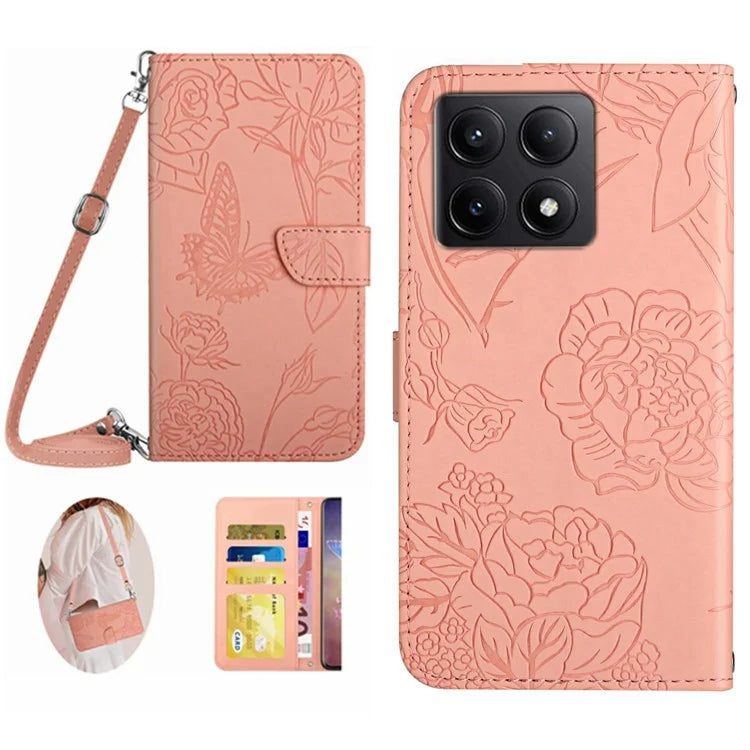 HT03 For Xiaomi 14T Case Anti-Drop Leather Phone Cover Butterfly Flower Imprint