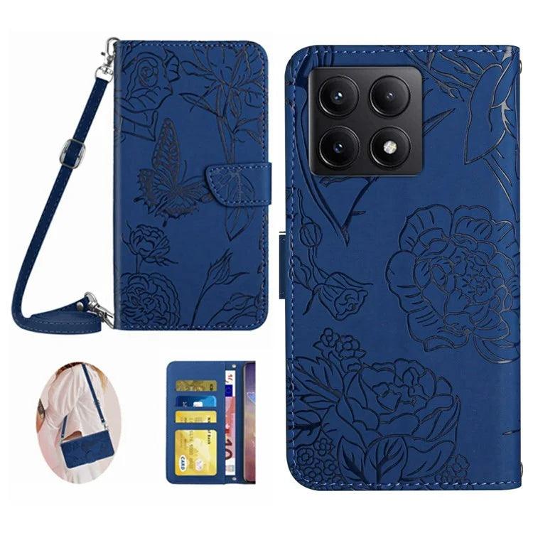 HT03 For Xiaomi 14T Case Anti-Drop Leather Phone Cover Butterfly Flower Imprint