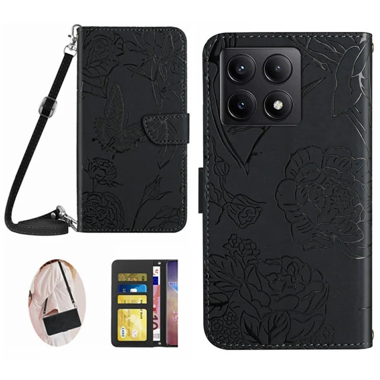 HT03 For Xiaomi 14T Case Anti-Drop Leather Phone Cover Butterfly Flower Imprint