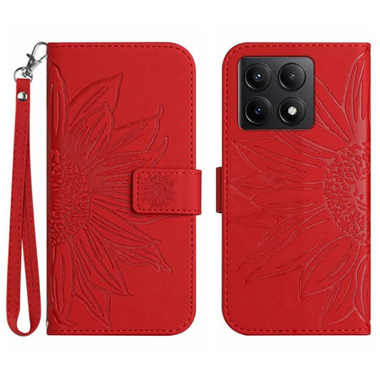 HT04 For Xiaomi 14T Case Sunflower Imprint Leather Wallet Phone Cover with Wrist Strap