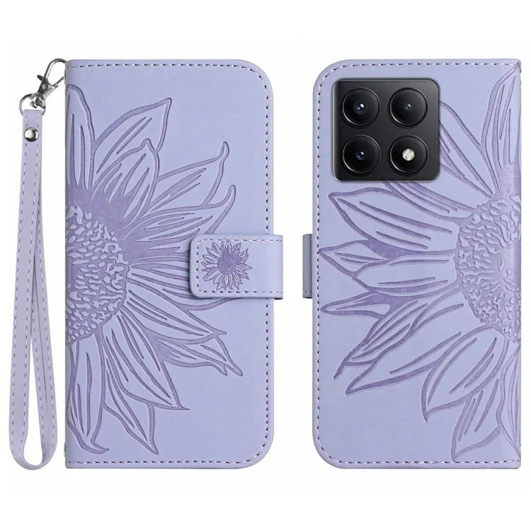 HT04 For Xiaomi 14T Case Sunflower Imprint Leather Wallet Phone Cover with Wrist Strap
