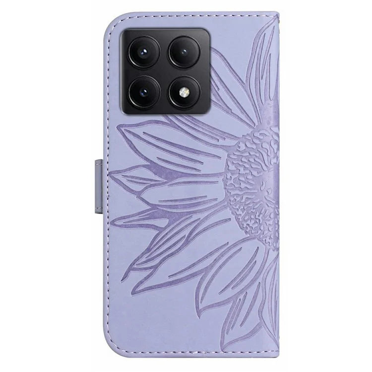 HT04 For Xiaomi 14T Case Sunflower Imprint Leather Wallet Phone Cover with Wrist Strap