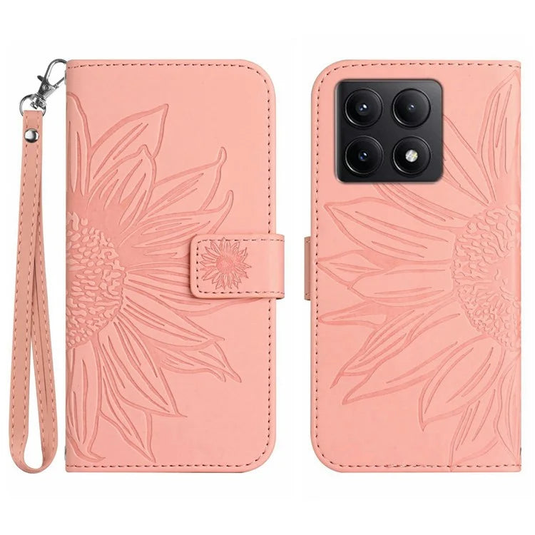 HT04 For Xiaomi 14T Case Sunflower Imprint Leather Wallet Phone Cover with Wrist Strap