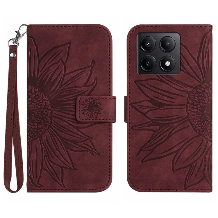 HT04 For Xiaomi 14T Case Sunflower Imprint Leather Wallet Phone Cover with Wrist Strap