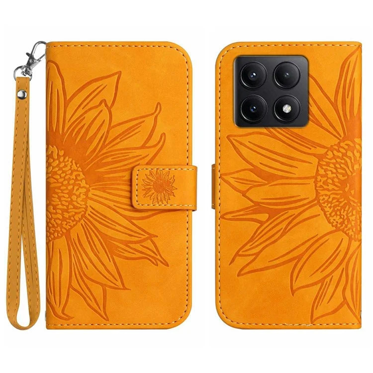 HT04 For Xiaomi 14T Case Sunflower Imprint Leather Wallet Phone Cover with Wrist Strap