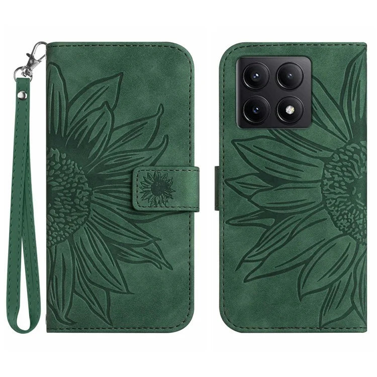 HT04 For Xiaomi 14T Case Sunflower Imprint Leather Wallet Phone Cover with Wrist Strap
