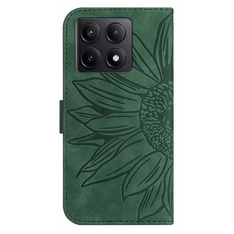 HT04 For Xiaomi 14T Case Sunflower Imprint Leather Wallet Phone Cover with Wrist Strap