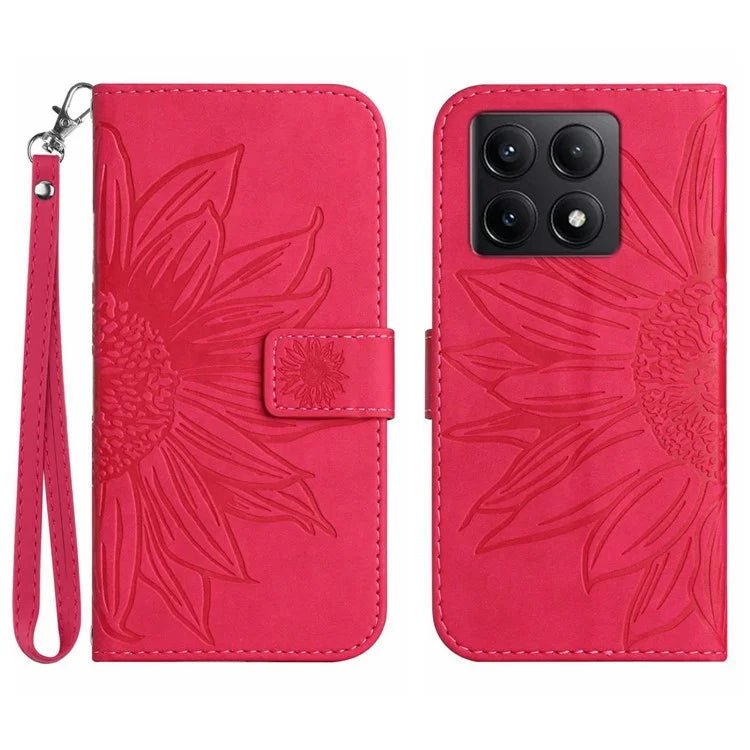 HT04 For Xiaomi 14T Case Sunflower Imprint Leather Wallet Phone Cover with Wrist Strap