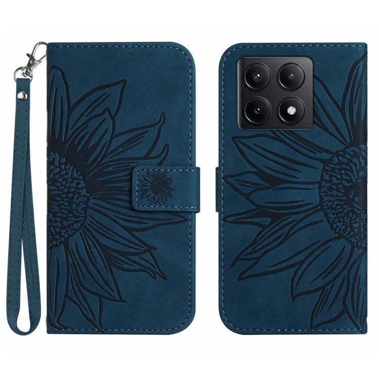 HT04 For Xiaomi 14T Case Sunflower Imprint Leather Wallet Phone Cover with Wrist Strap