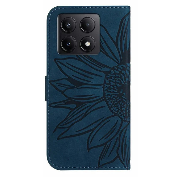 HT04 For Xiaomi 14T Case Sunflower Imprint Leather Wallet Phone Cover with Wrist Strap