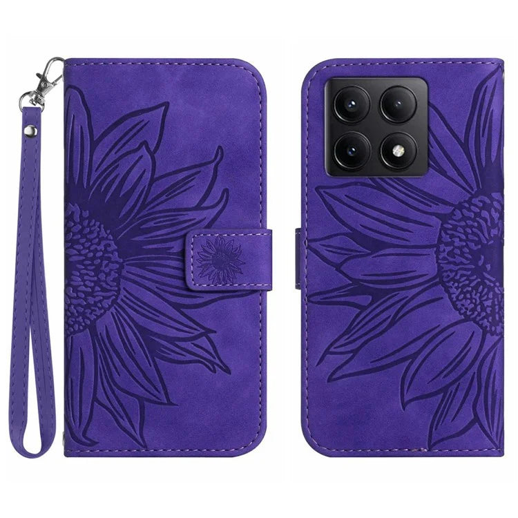 HT04 For Xiaomi 14T Case Sunflower Imprint Leather Wallet Phone Cover with Wrist Strap
