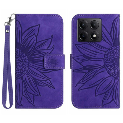 HT04 For Xiaomi 14T Case Sunflower Imprint Leather Wallet Phone Cover with Wrist Strap