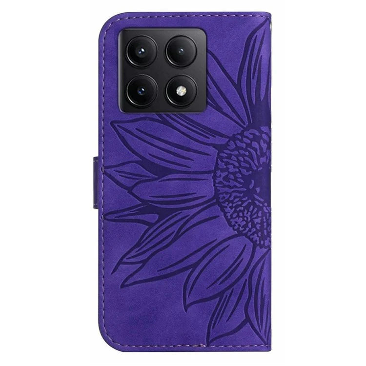 HT04 For Xiaomi 14T Case Sunflower Imprint Leather Wallet Phone Cover with Wrist Strap