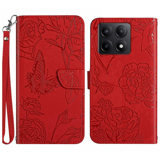 HT03 For Xiaomi 14T Case Butterfly Flower Imprint Leather Phone Cover with Strap