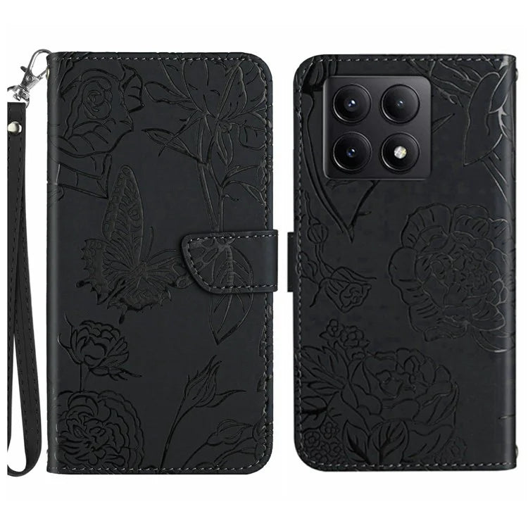 HT03 For Xiaomi 14T Case Butterfly Flower Imprint Leather Phone Cover with Strap