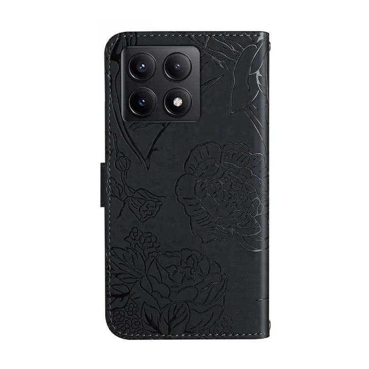 HT03 For Xiaomi 14T Case Butterfly Flower Imprint Leather Phone Cover with Strap