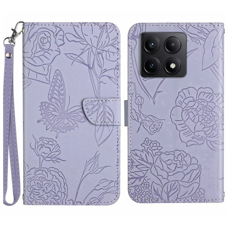 HT03 For Xiaomi 14T Case Butterfly Flower Imprint Leather Phone Cover with Strap